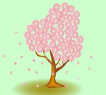 春風が花びらを散らしている桜の木のイラスト
