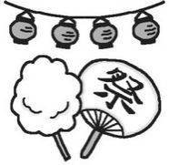 うちわと綿菓子(モノクロ)/夏の花火・縁日の無料イラスト/ミニカット・クリップアート素材
